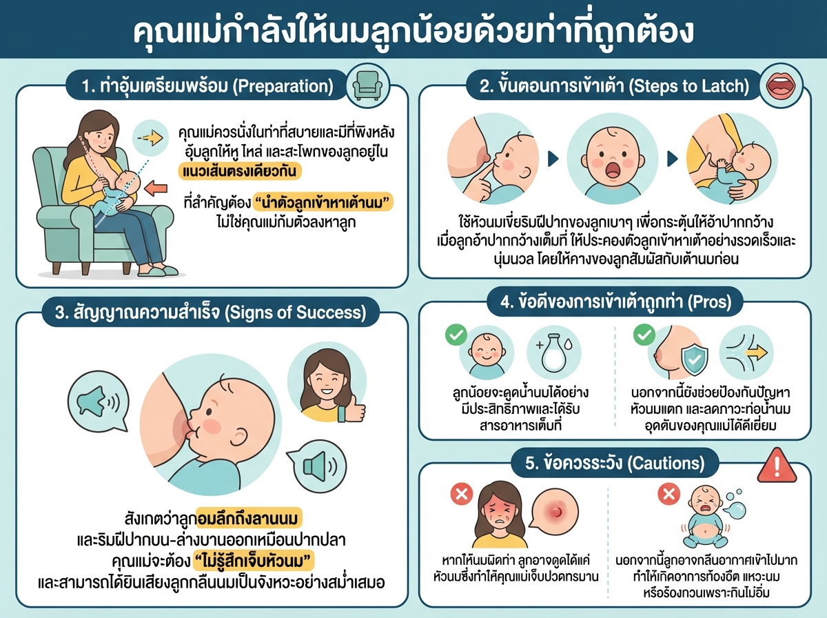 คุณแม่กำลังให้นมลูกน้อยด้วยท่าที่ถูกต้อง