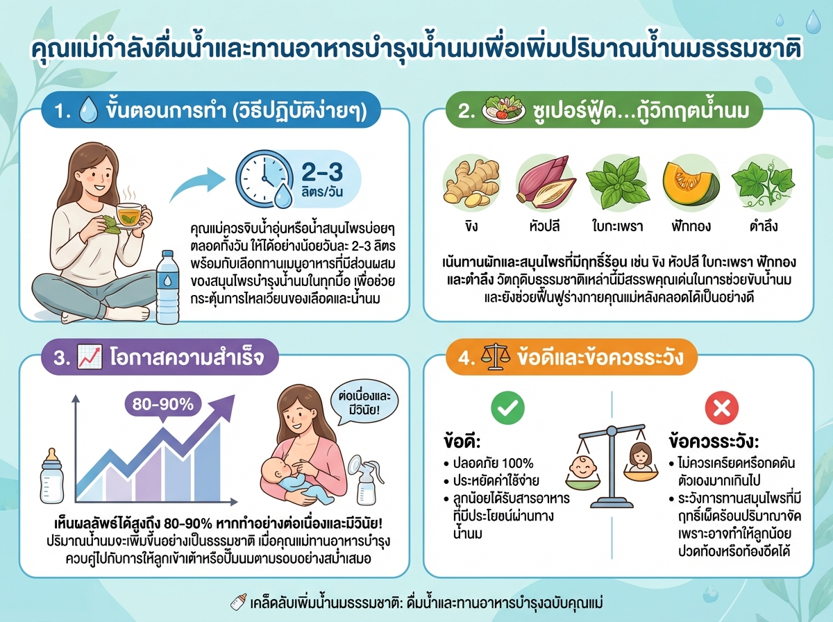 คุณแม่กำลังดื่มน้ำและทานอาหารบำรุงน้ำนมเพื่อเพิ่มปริมาณน้ำนมธรรมชาติ