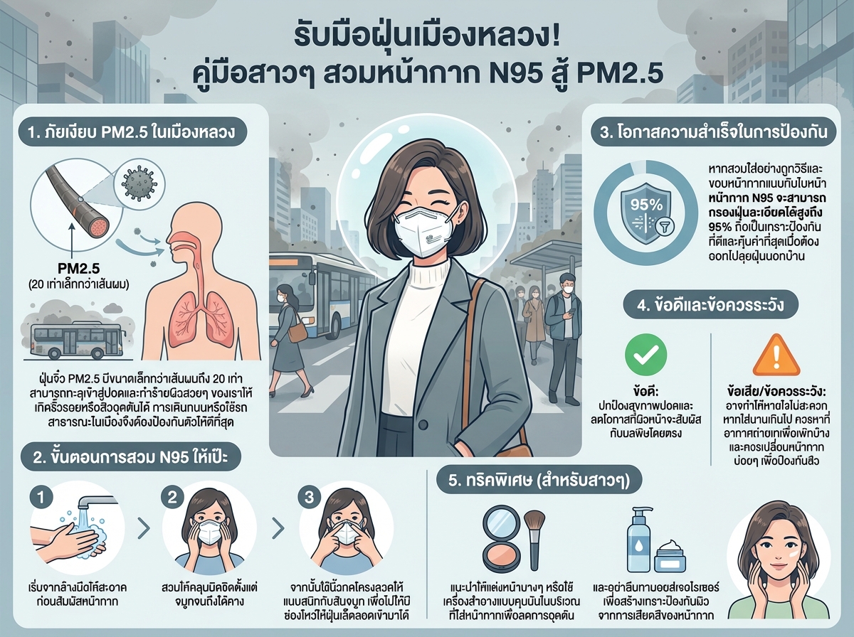 ผู้หญิงสวมหน้ากาก N95 ป้องกันฝุ่น PM2.5 ในเมือง