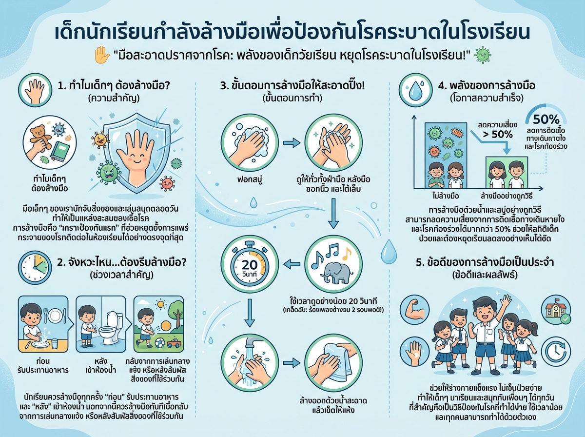 เด็กนักเรียนกำลังล้างมือเพื่อป้องกันโรคระบาดในโรงเรียน