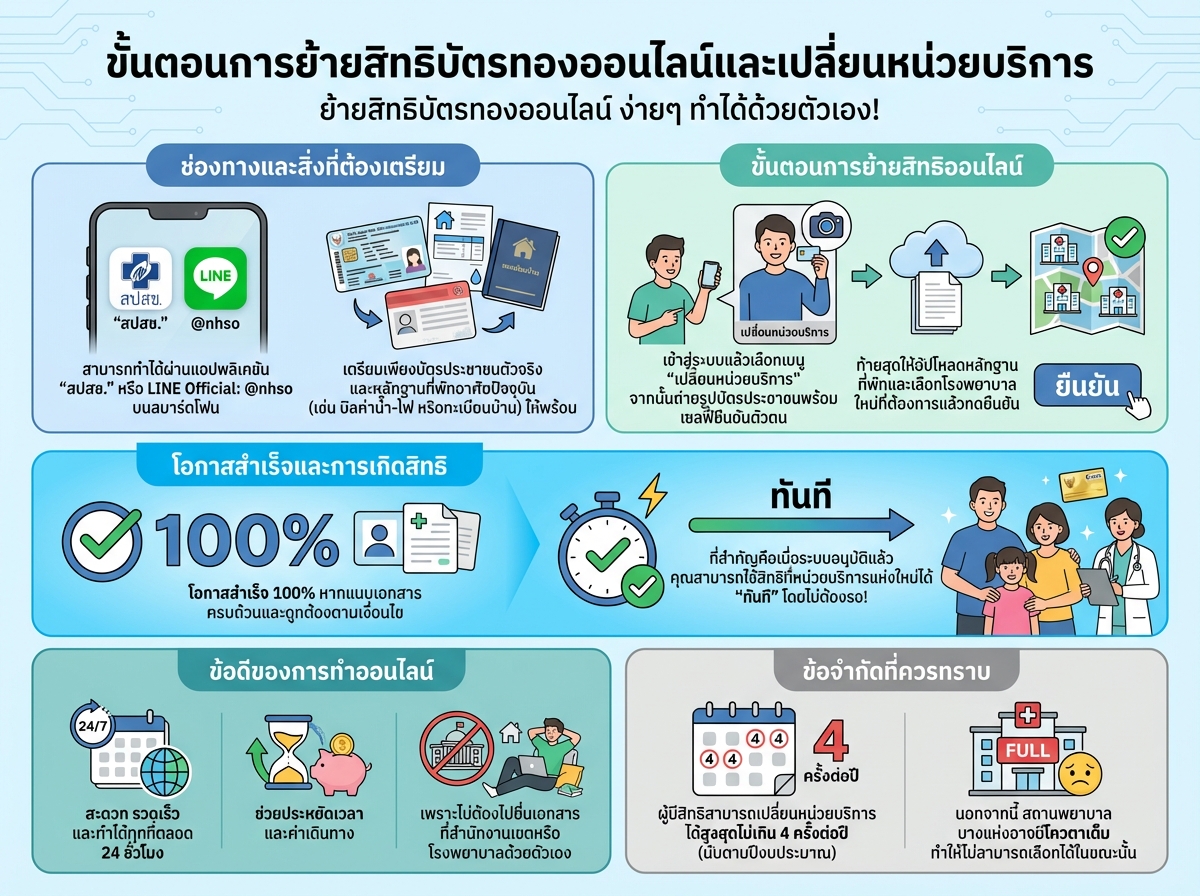 ขั้นตอนการย้ายสิทธิบัตรทองออนไลน์และเปลี่ยนหน่วยบริการ