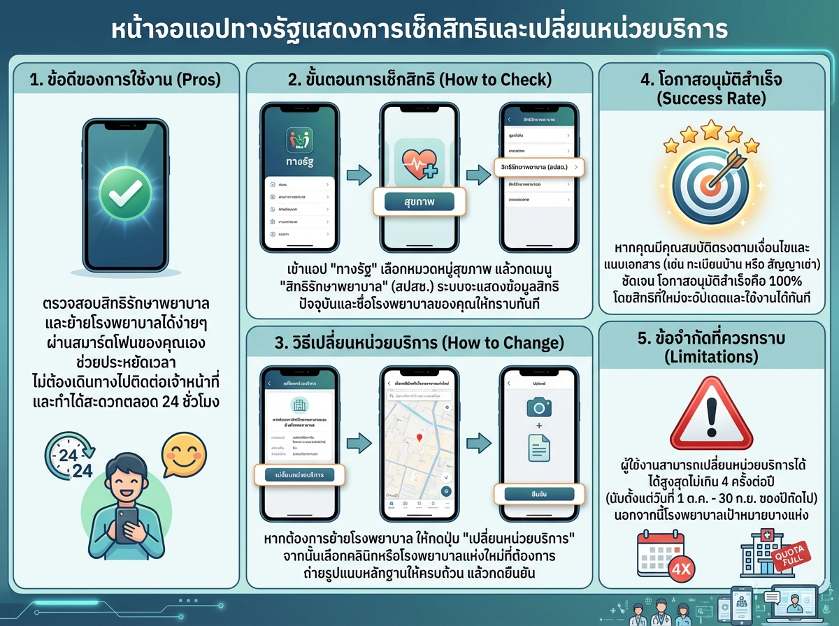 หน้าจอแอปทางรัฐแสดงการเช็กสิทธิและเปลี่ยนหน่วยบริการ