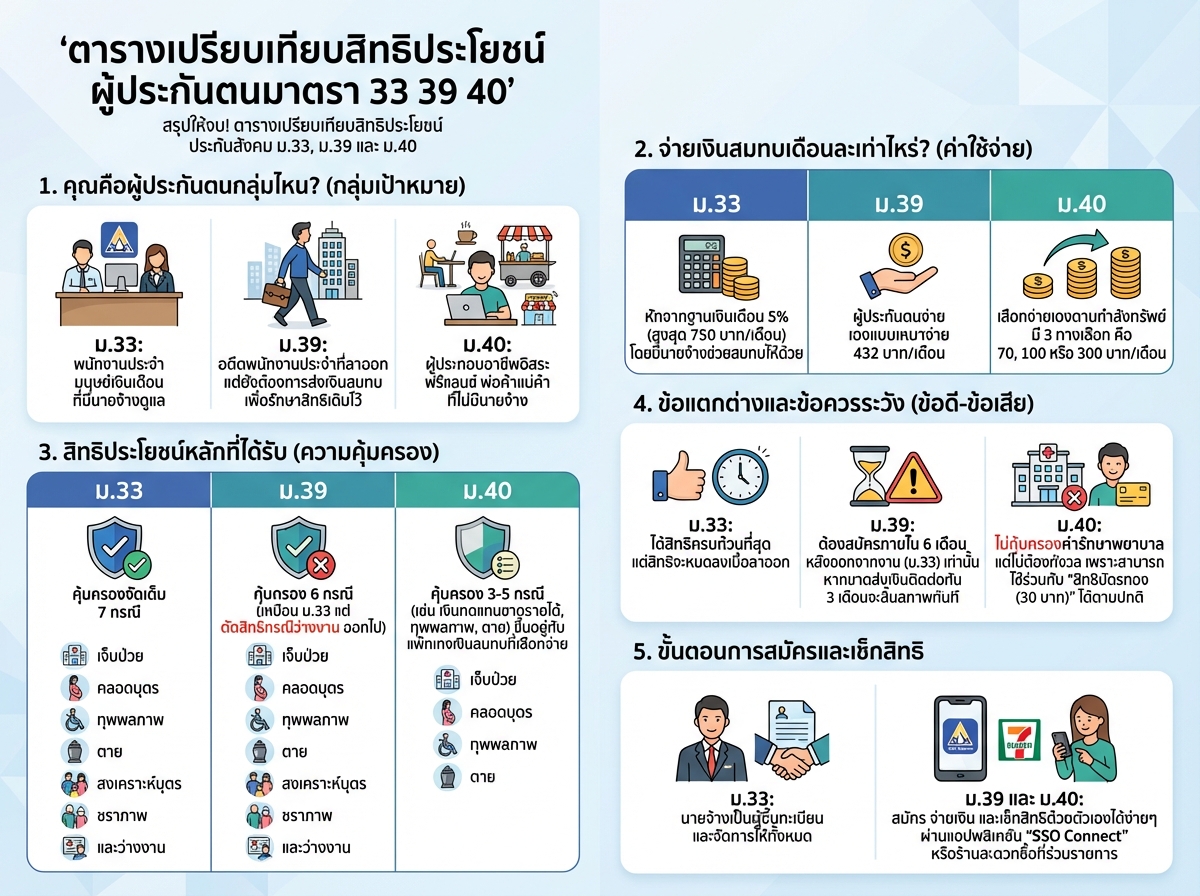 ตารางเปรียบเทียบสิทธิประโยชน์ ผู้ประกันตนมาตรา 33 39 40