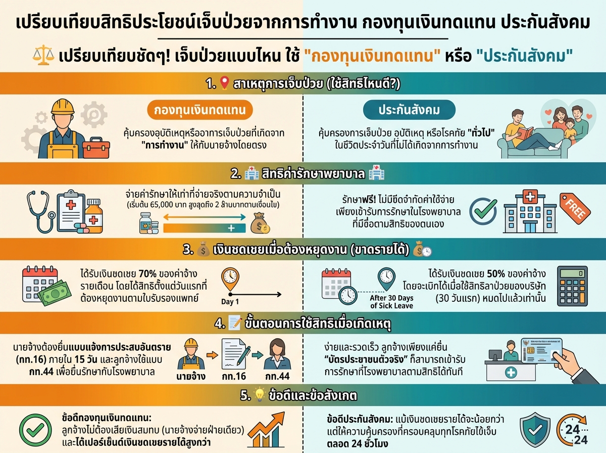 เปรียบเทียบสิทธิประโยชน์เจ็บป่วยจากการทำงาน กองทุนเงินทดแทน ประกันสังคม