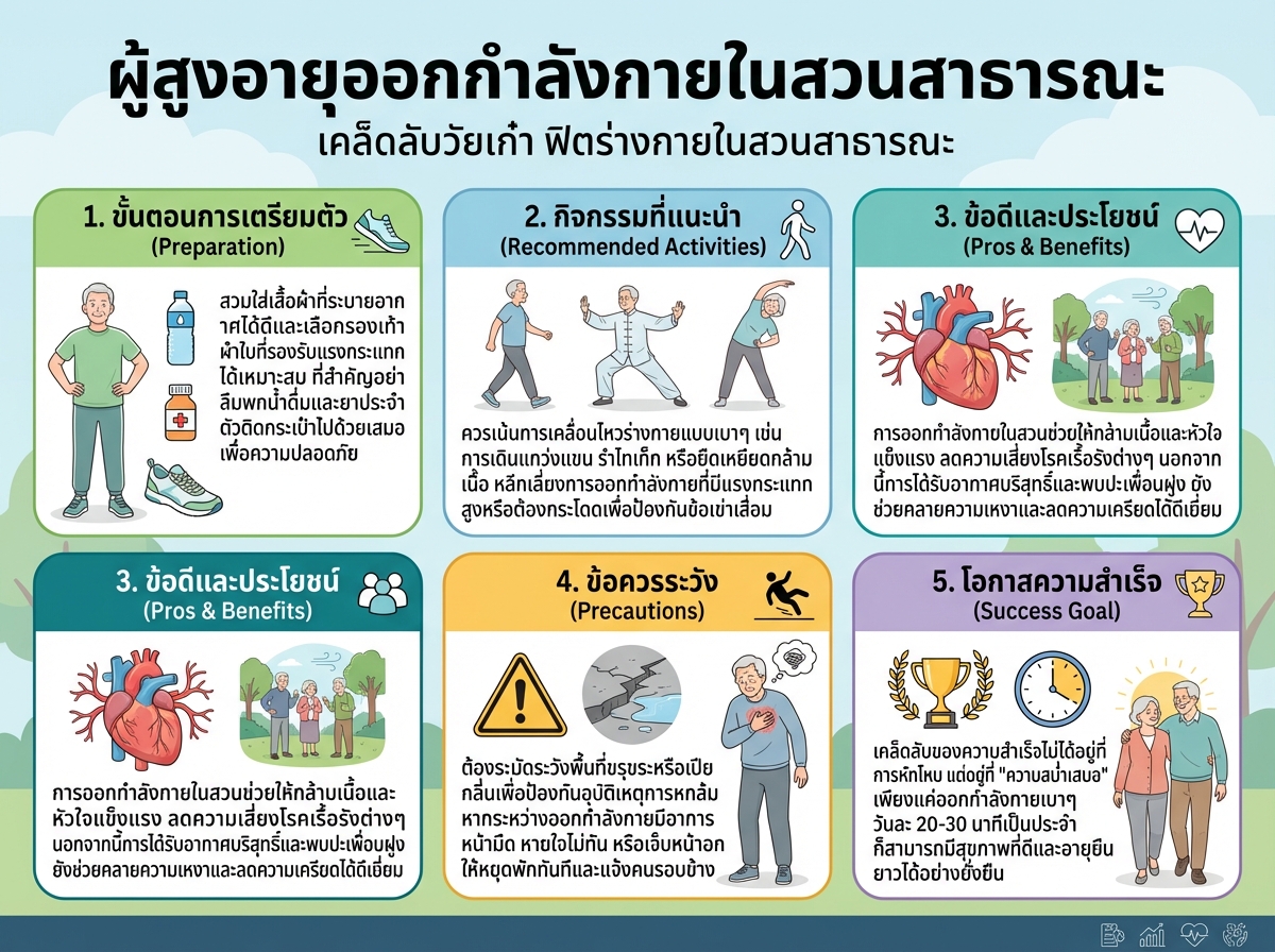 ผู้สูงอายุออกกำลังกายในสวนสาธารณะ