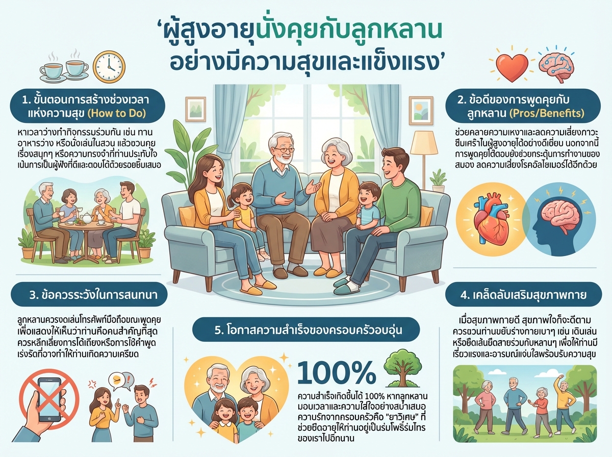 ผู้สูงอายุนั่งคุยกับลูกหลานอย่างมีความสุขและแข็งแรง