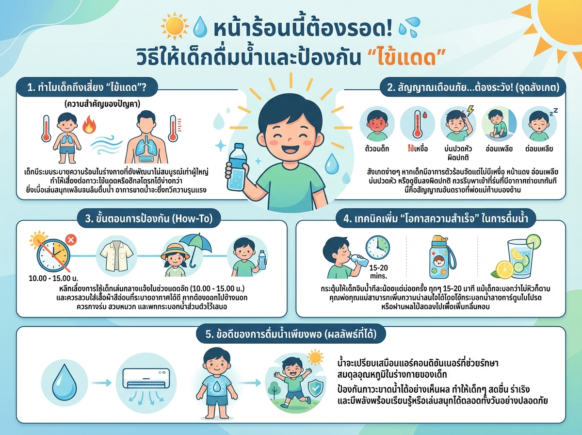 เด็กกำลังดื่มน้ำและป้องกันไข้แดด