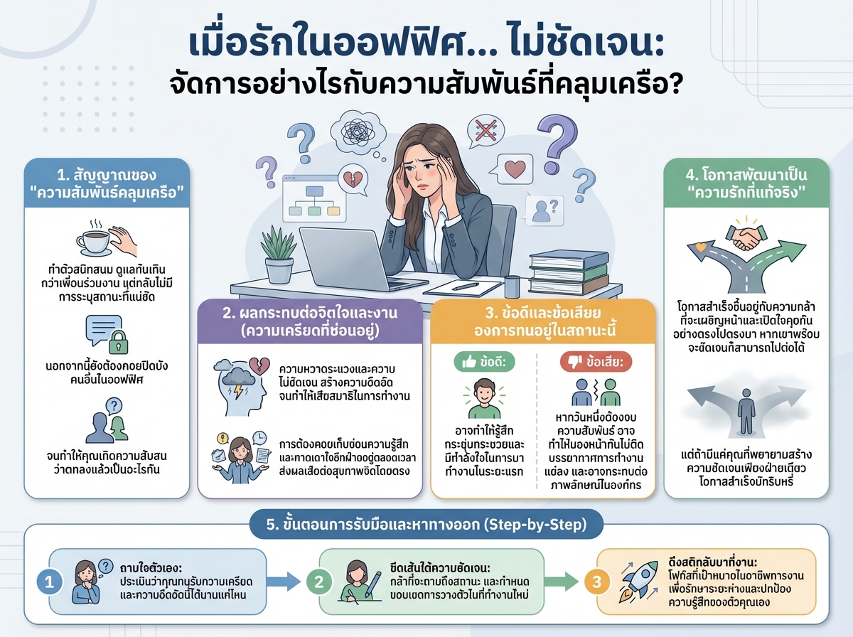 ผู้หญิงกำลังครุ่นคิดถึงความสัมพันธ์ที่คลุมเครือในออฟฟิศ แสดงถึงความเครียดและสับสน