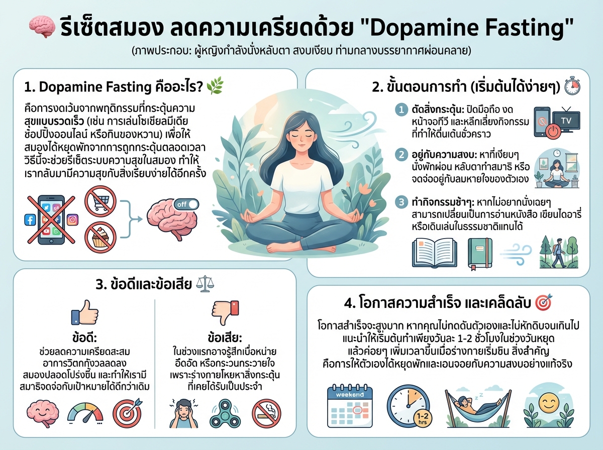 ผู้หญิงนั่งสงบเงียบทำ Dopamine Fasting เพื่อลดความเครียด