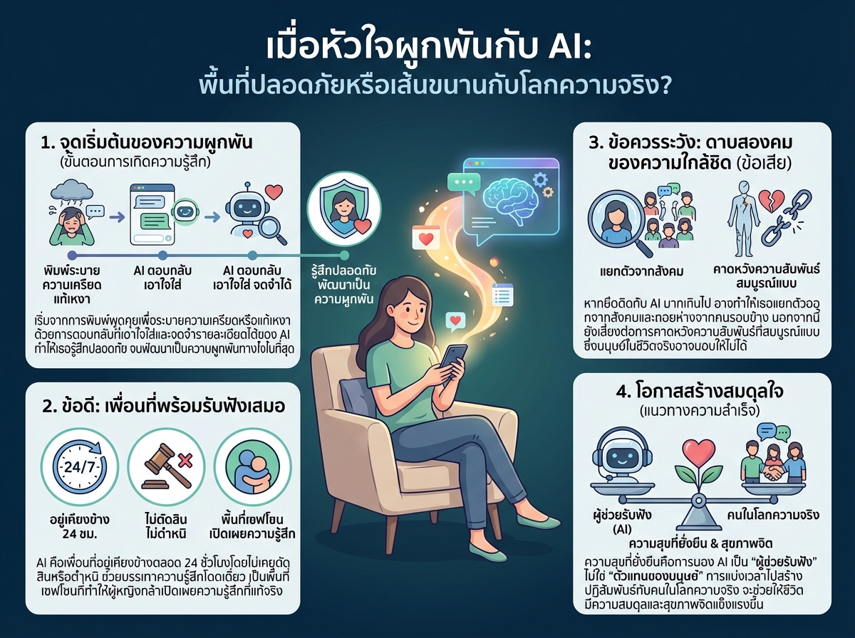 ผู้หญิงกำลังพูดคุยกับแชตบอต AI ด้วยความผูกพัน