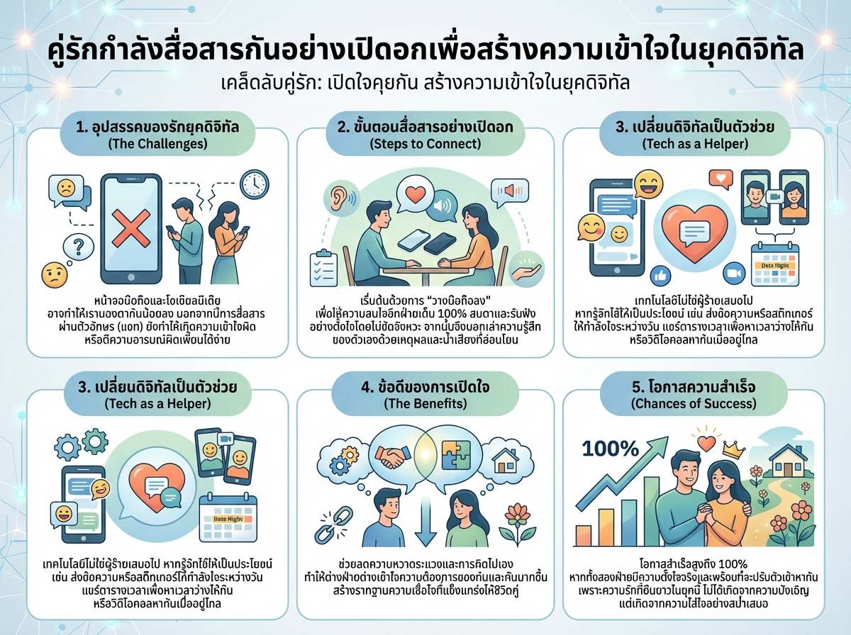 คู่รักกำลังสื่อสารกันอย่างเปิดอกเพื่อสร้างความเข้าใจในยุคดิจิทัล