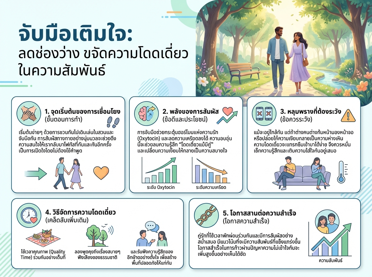 คู่รักจับมือกันในสวนสาธารณะ แสดงถึงการเชื่อมโยงและจัดการความโดดเดี่ยวในความสัมพันธ์