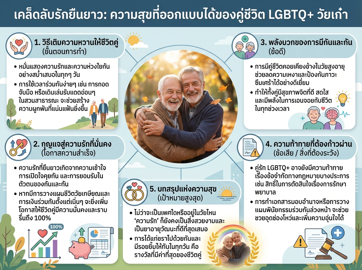 คู่รัก LGBTQ+ สูงวัยกำลังยิ้มและกอดกันอย่างมีความสุขในสวนสาธารณะ