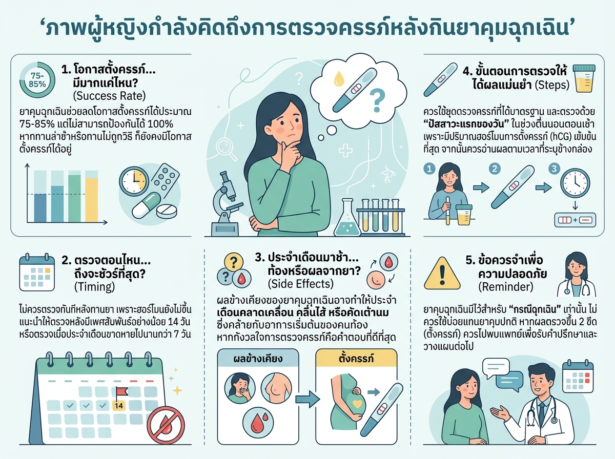 ภาพผู้หญิงกำลังคิดถึงการตรวจครรภ์หลังกินยาคุมฉุกเฉิน