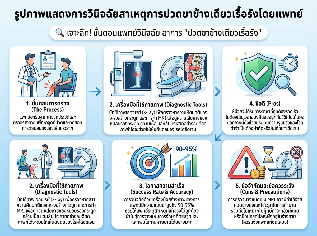 รูปภาพแสดงการวินิจฉัยสาเหตุการปวดขาข้างเดียวเรื้อรังโดยแพทย์