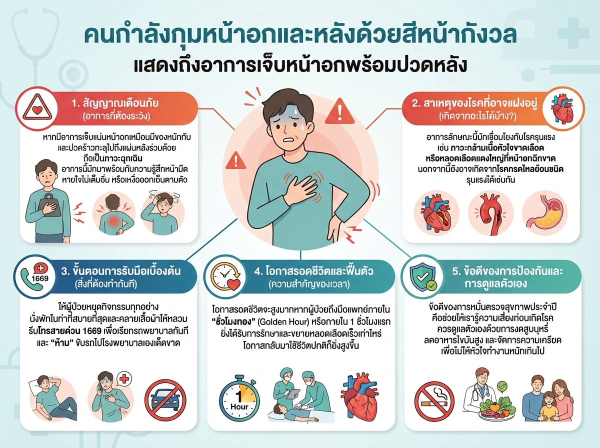 คนกำลังกุมหน้าอกและหลังด้วยสีหน้ากังวล แสดงถึงอาการเจ็บหน้าอกพร้อมปวดหลัง