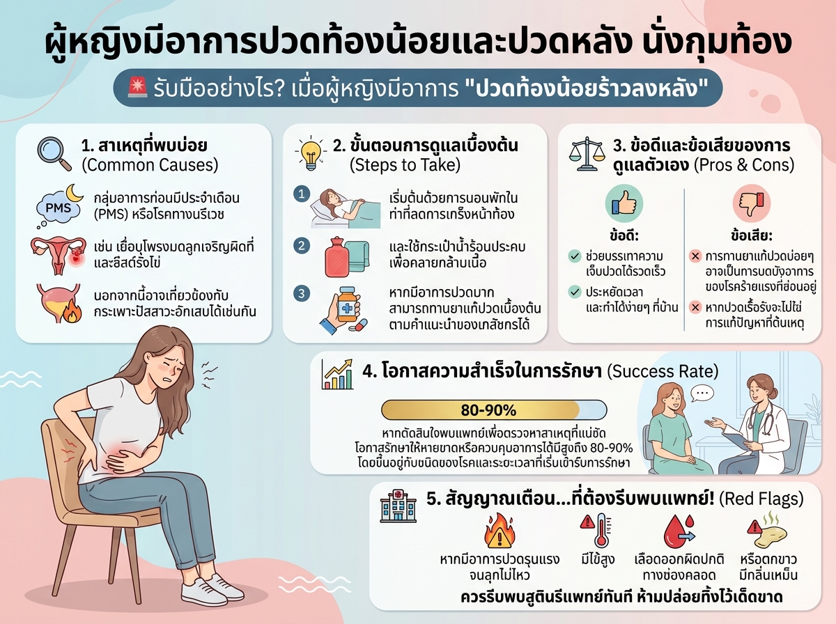 ผู้หญิงมีอาการปวดท้องน้อยและปวดหลัง นั่งกุมท้อง