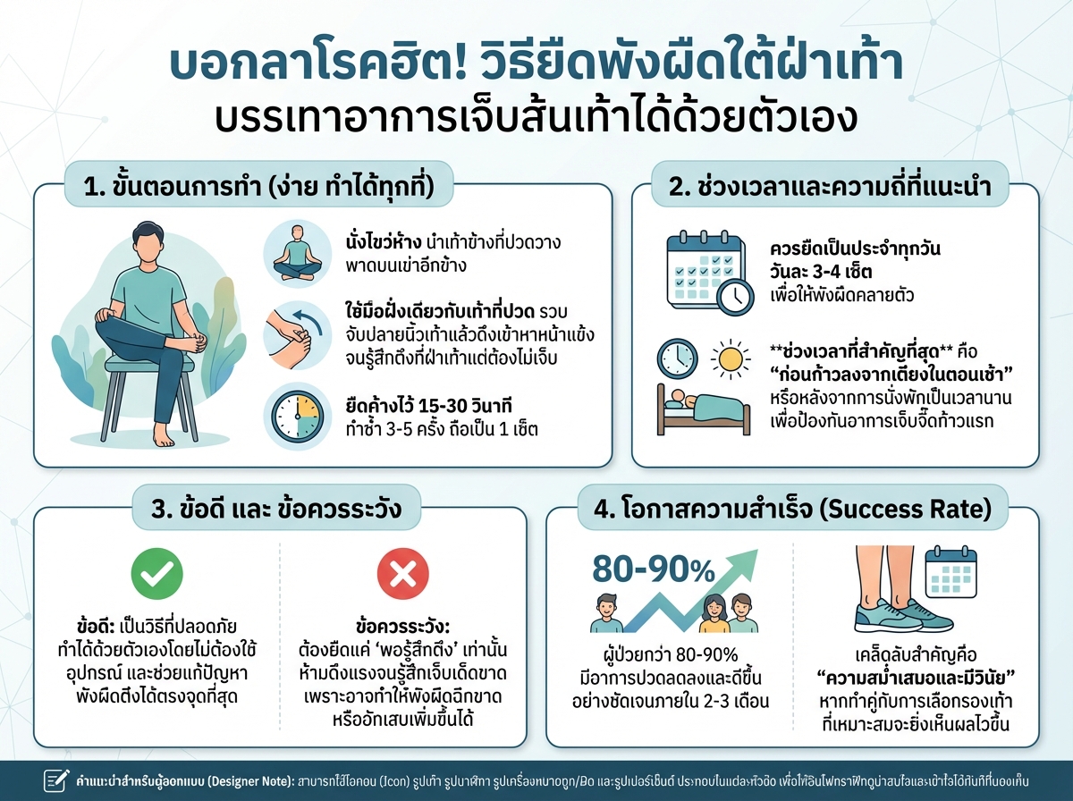 การยืดพังผืดใต้ฝ่าเท้าเพื่อบรรเทาอาการปวดพังผืดที่เท้า