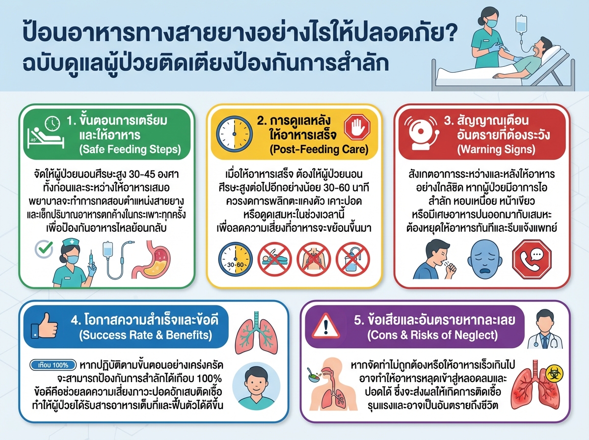 พยาบาลกำลังดูแลผู้ป่วยติดเตียง เพื่อป้องกันการสำลักอาหารทางสายยาง