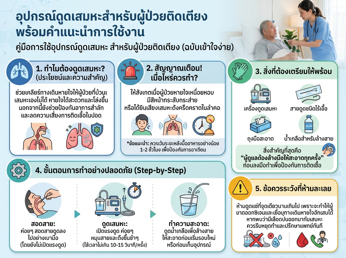 อุปกรณ์ดูดเสมหะสำหรับผู้ป่วยติดเตียงพร้อมคำแนะนำการใช้งาน