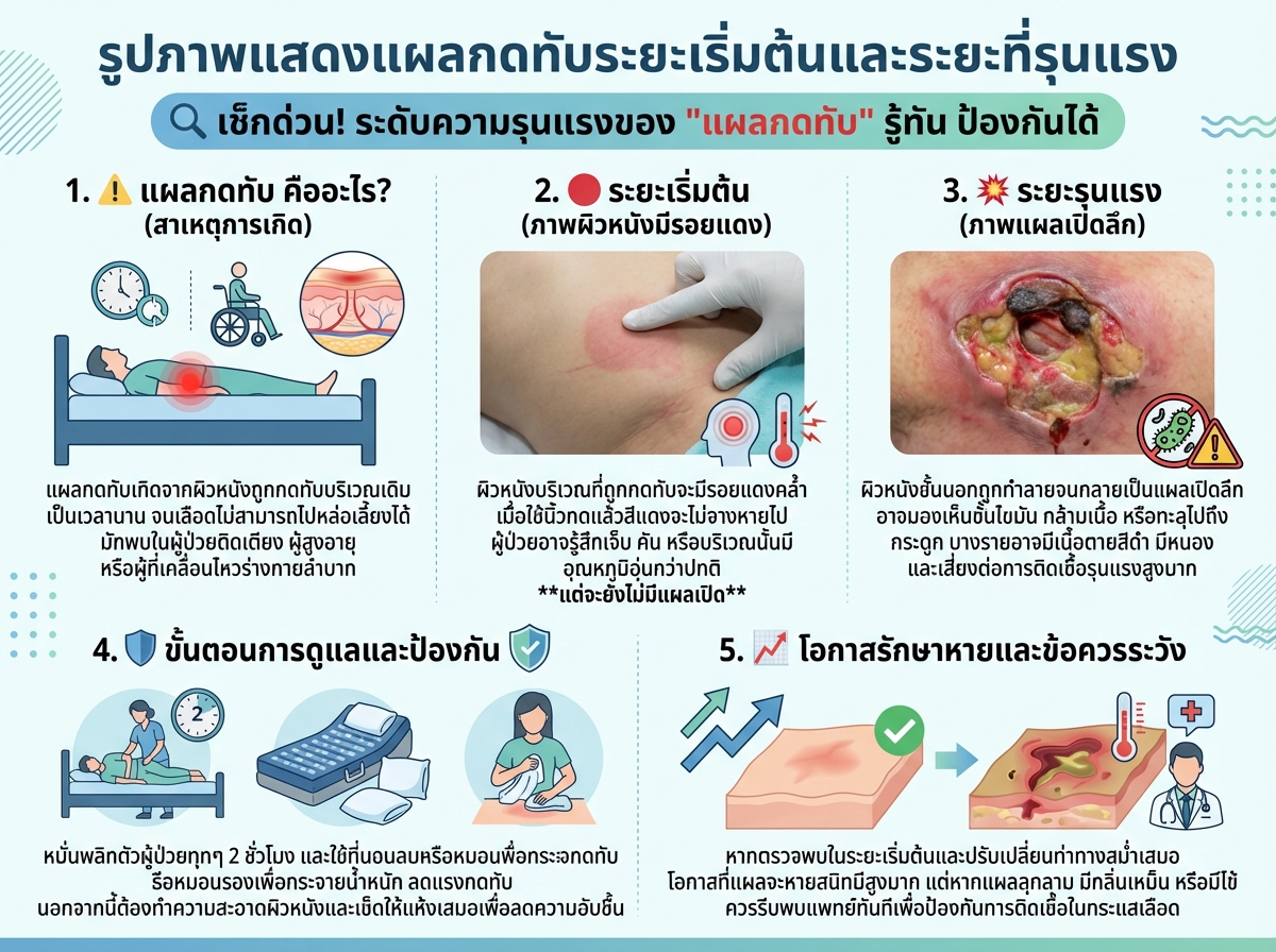 รูปภาพแสดงแผลกดทับระยะเริ่มต้นและระยะที่รุนแรง