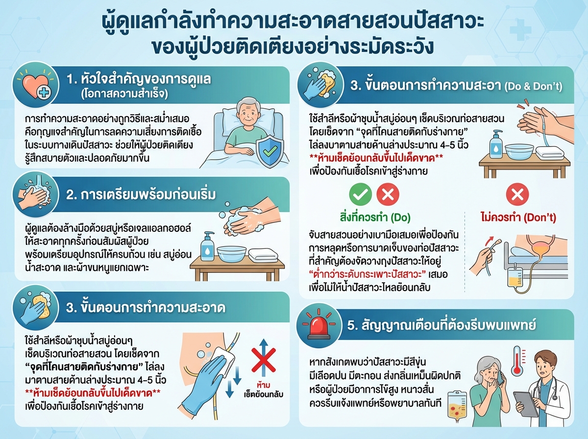 ผู้ดูแลกำลังทำความสะอาดสายสวนปัสสาวะของผู้ป่วยติดเตียงอย่างระมัดระวัง