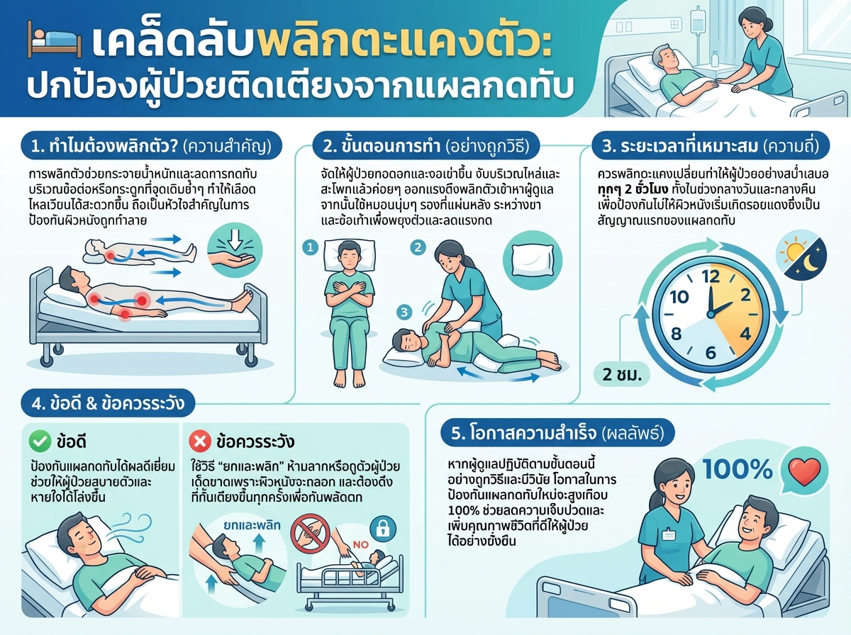 ผู้ดูแลกำลังพลิกตะแคงผู้ป่วยติดเตียงเพื่อลดความเสี่ยงแผลกดทับ