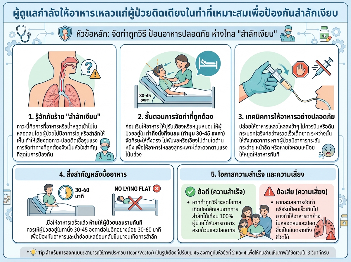 ผู้ดูแลกำลังให้อาหารเหลวแก่ผู้ป่วยติดเตียงในท่าที่เหมาะสมเพื่อป้องกันสำลักเงียบ