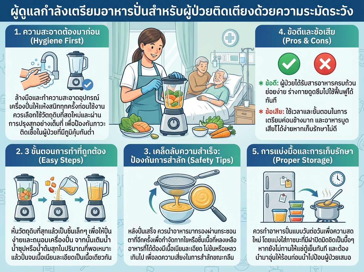 ผู้ดูแลกำลังเตรียมอาหารปั่นสำหรับผู้ป่วยติดเตียงด้วยความระมัดระวัง