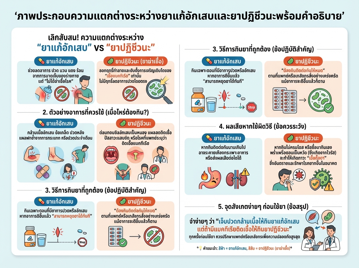 ภาพประกอบความแตกต่างระหว่างยาแก้อักเสบและยาปฏิชีวนะพร้อมคำอธิบาย