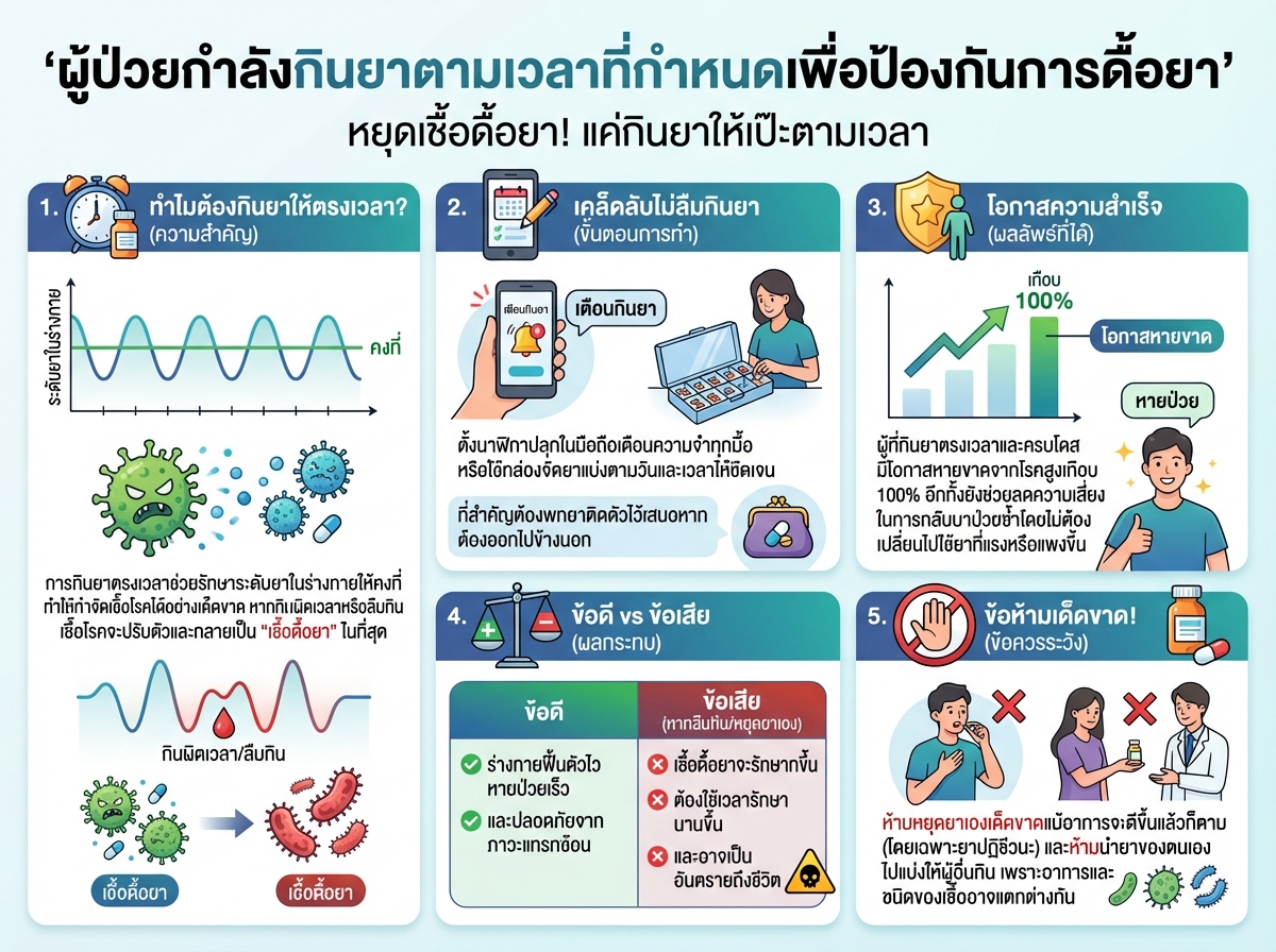 ผู้ป่วยกำลังกินยาตามเวลาที่กำหนดเพื่อป้องกันการดื้อยา