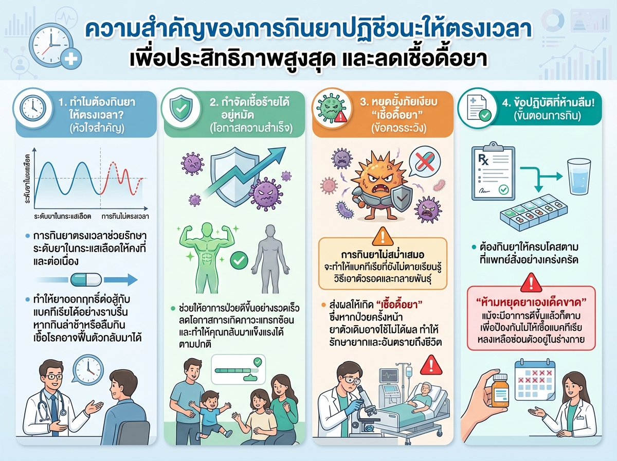 ความสำคัญของการกินยาปฏิชีวนะให้ตรงเวลา เพื่อประสิทธิภาพสูงสุด และลดเชื้อดื้อยา