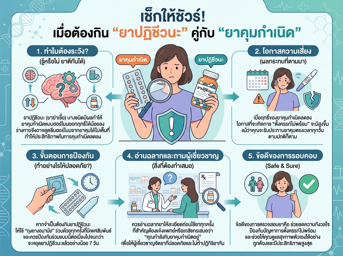 ผู้หญิงกำลังอ่านฉลากยาปฏิชีวนะและยาคุมกำเนิดคู่กันอย่างระมัดระวัง