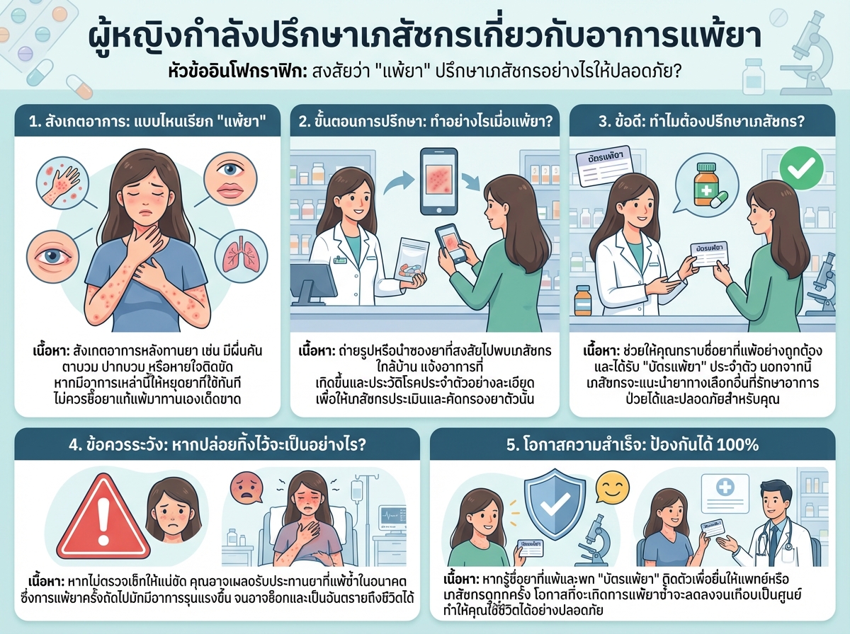 ผู้หญิงกำลังปรึกษาเภสัชกรเกี่ยวกับอาการแพ้ยา