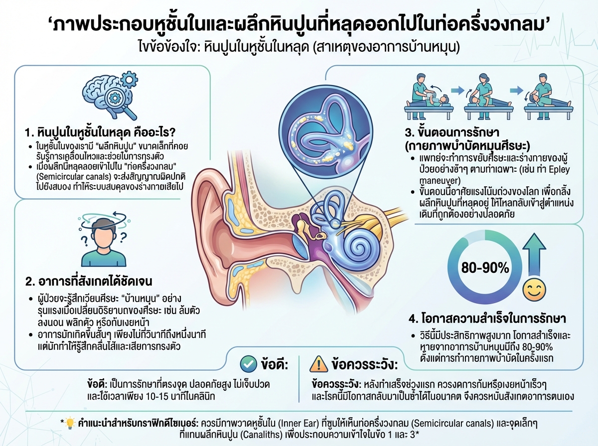 ภาพประกอบหูชั้นในและผลึกหินปูนที่หลุดออกไปในท่อครึ่งวงกลม