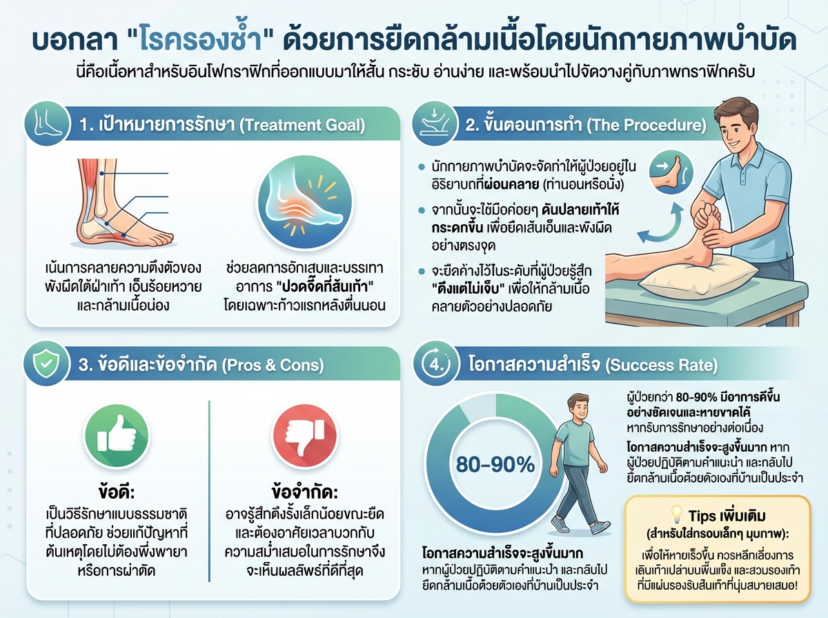 นักกายภาพบำบัดกำลังยืดกล้ามเนื้อให้ผู้ป่วยรองช้ำ