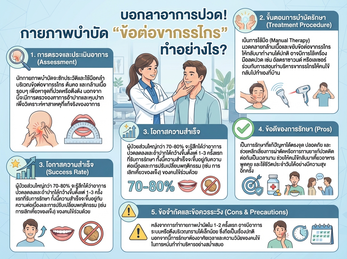 นักกายภาพบำบัดกำลังตรวจและบำบัดข้อต่อขากรรไกรให้กับคนไข้