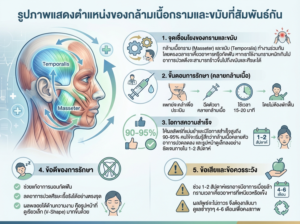 รูปภาพแสดงตำแหน่งของกล้ามเนื้อกรามและขมับที่สัมพันธ์กัน