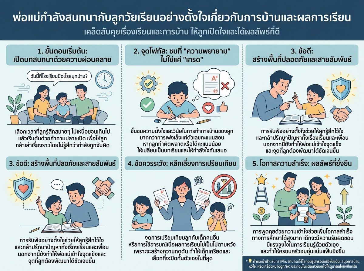 พ่อแม่กำลังสนทนากับลูกวัยเรียนอย่างตั้งใจเกี่ยวกับการบ้านและผลการเรียน