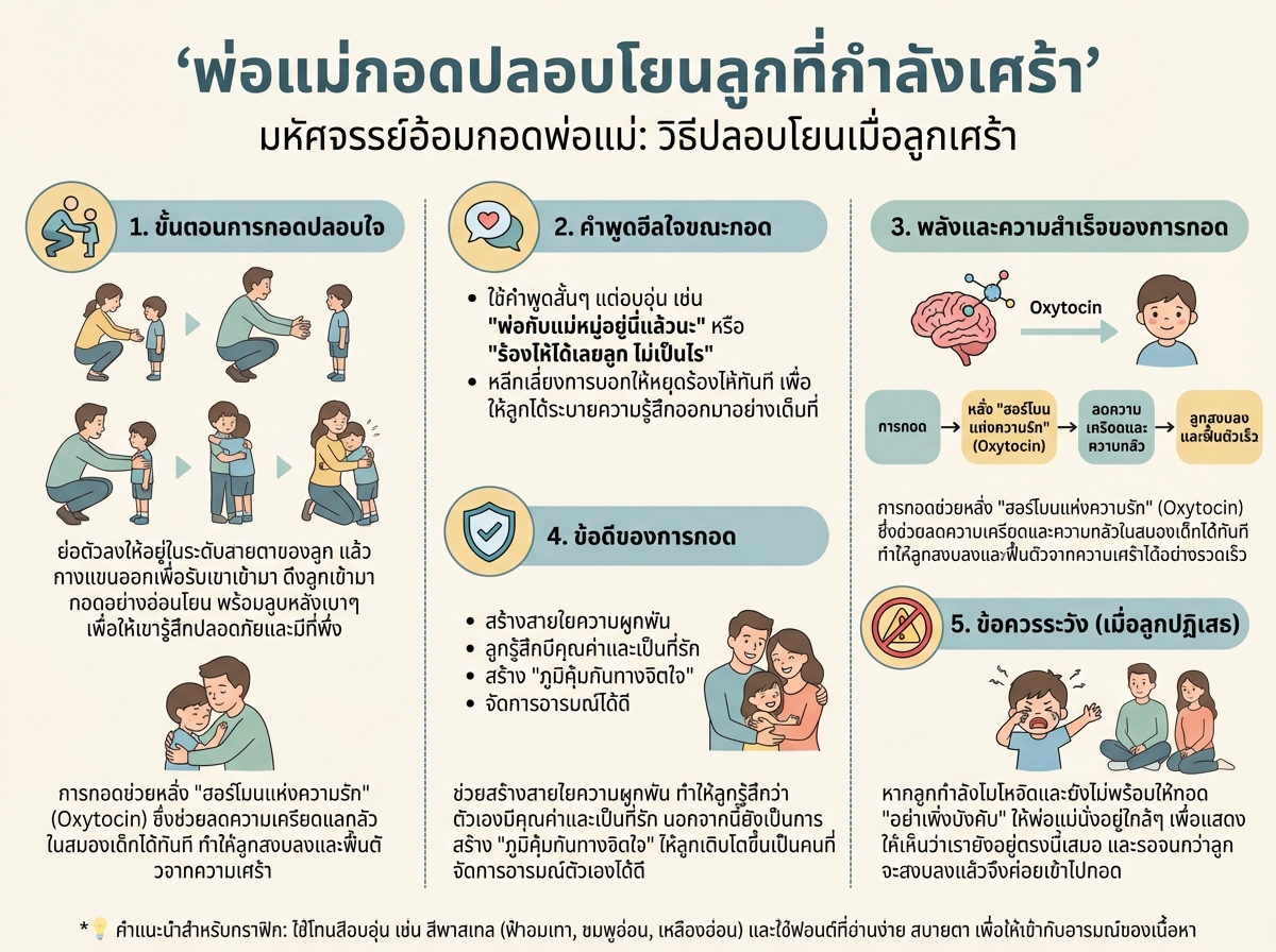 พ่อแม่กอดปลอบโยนลูกที่กำลังเศร้า