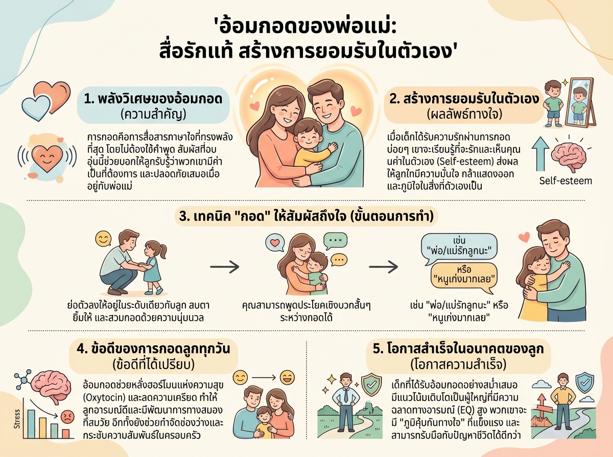 พ่อแม่กอดลูก สื่อถึงความรักและการยอมรับในตัวเอง
