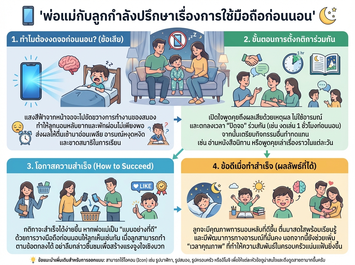 พ่อแม่กับลูกกำลังปรึกษาเรื่องการใช้มือถือก่อนนอน