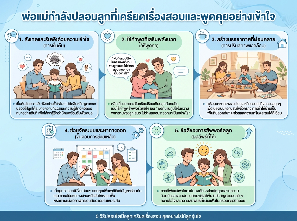 พ่อแม่กำลังปลอบลูกที่เครียดเรื่องสอบและพูดคุยอย่างเข้าใจ