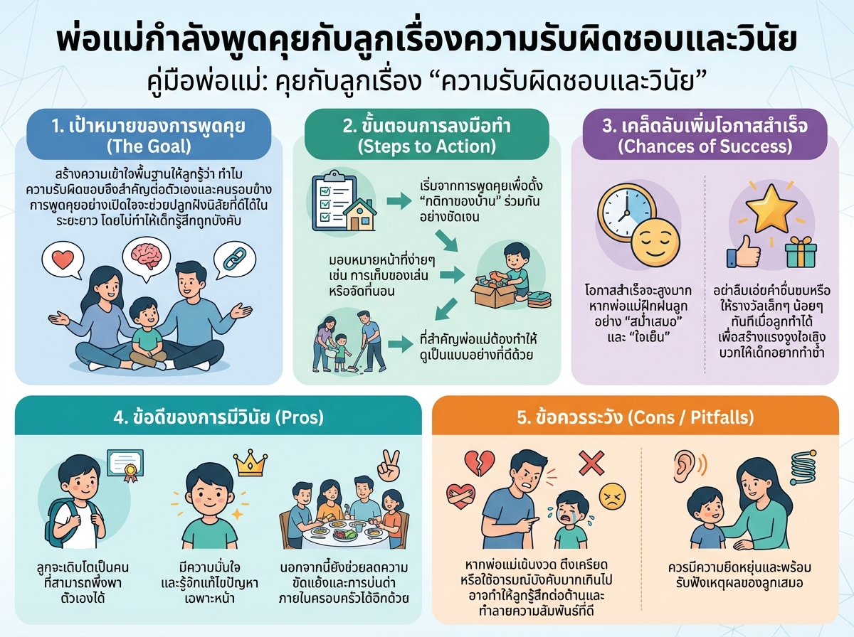 พ่อแม่กำลังพูดคุยกับลูกเรื่องความรับผิดชอบและวินัย