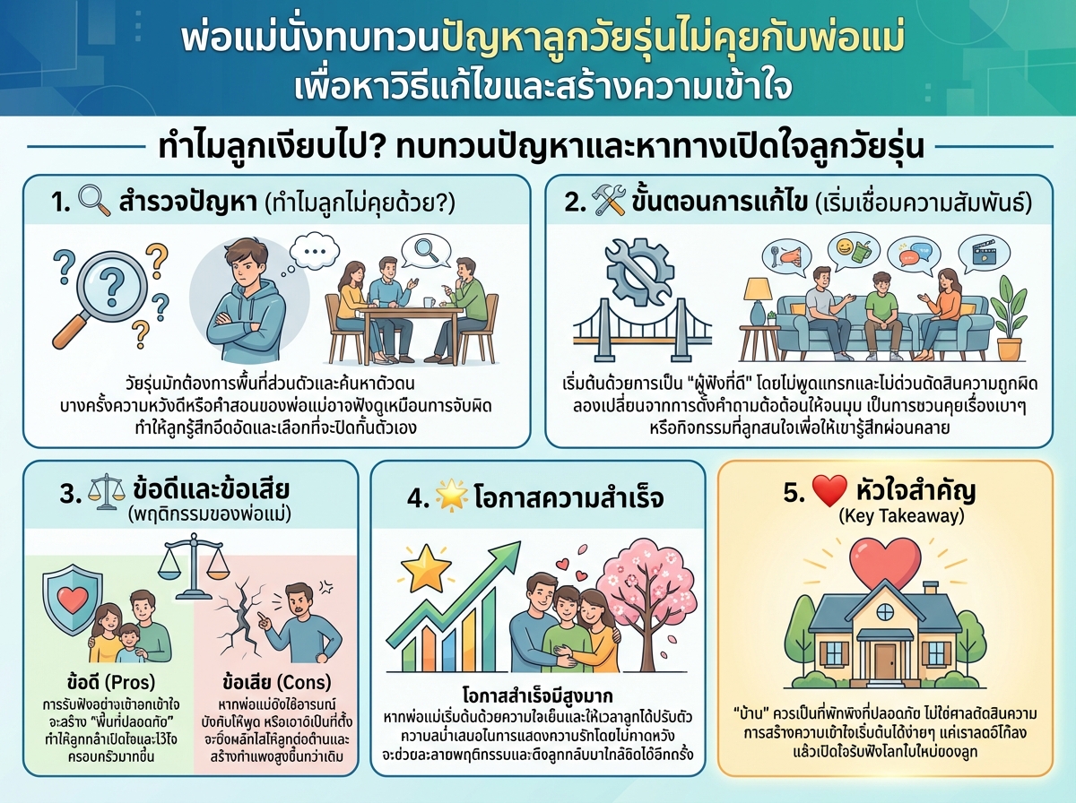 พ่อแม่นั่งทบทวนปัญหาลูกวัยรุ่นไม่คุยกับพ่อแม่ เพื่อหาวิธีแก้ไขและสร้างความเข้าใจ