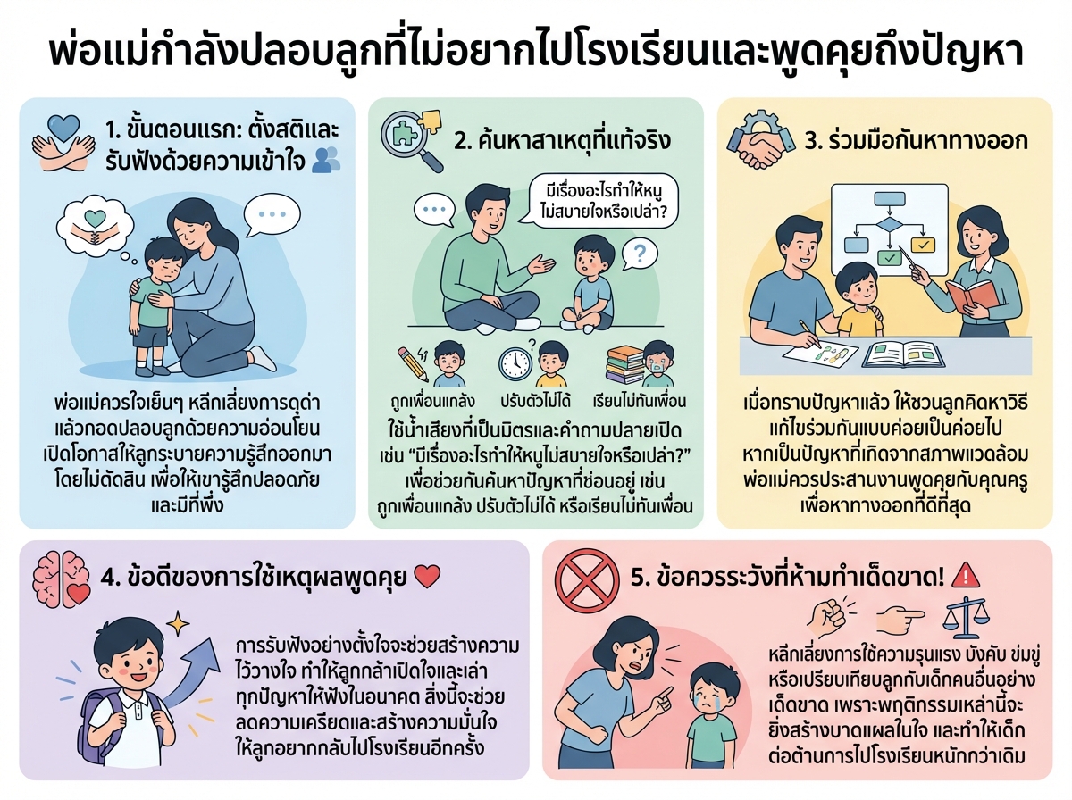 พ่อแม่กำลังปลอบลูกที่ไม่อยากไปโรงเรียนและพูดคุยถึงปัญหา