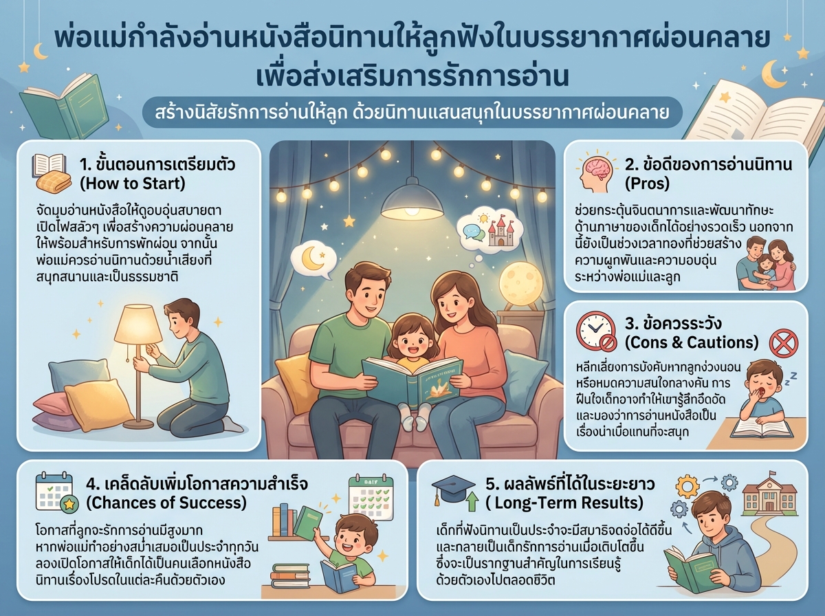 พ่อแม่กำลังอ่านหนังสือนิทานให้ลูกฟังในบรรยากาศผ่อนคลาย เพื่อส่งเสริมการรักการอ่าน