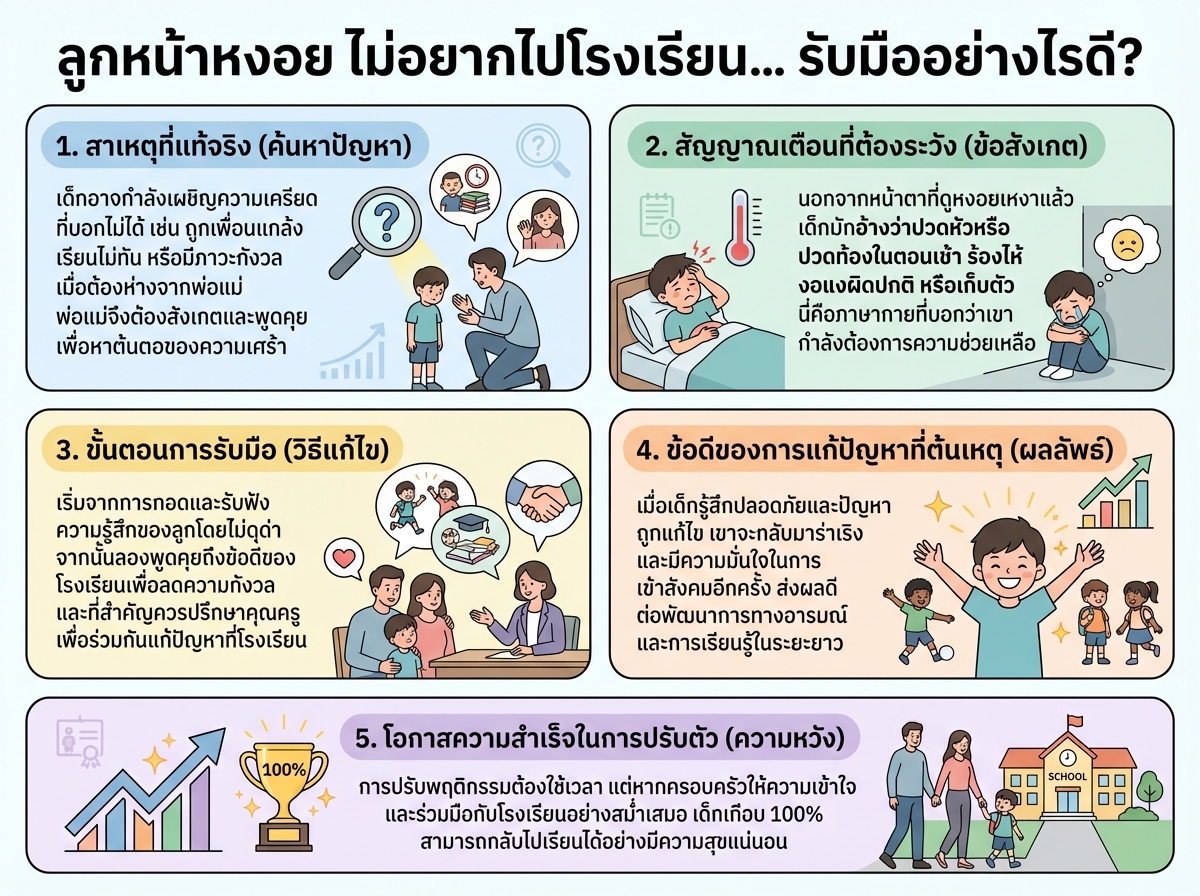 เด็กนักเรียนกำลังทำหน้าหงอยไม่อยากไปโรงเรียน