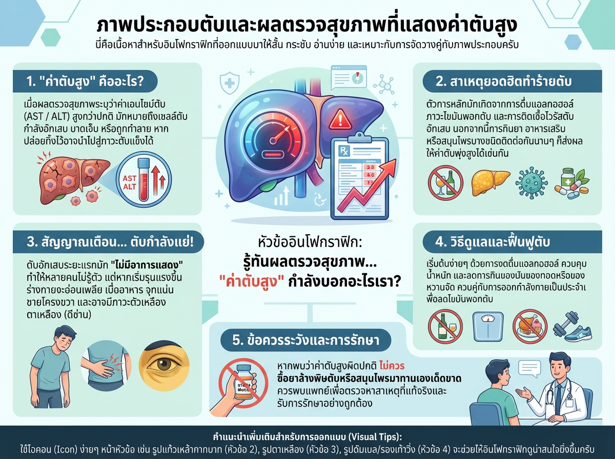 ภาพประกอบตับและผลตรวจสุขภาพที่แสดงค่าตับสูง