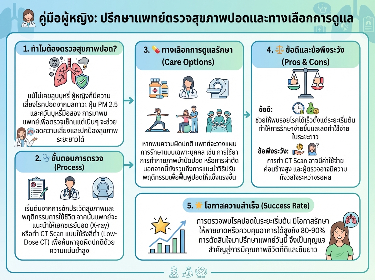 ผู้หญิงปรึกษาแพทย์เกี่ยวกับการตรวจสุขภาพปอดและทางเลือกการดูแล